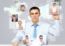 Business person against technology background
